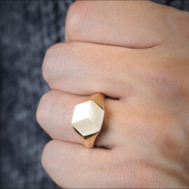 Hexagon cube illusion signet ring being worn