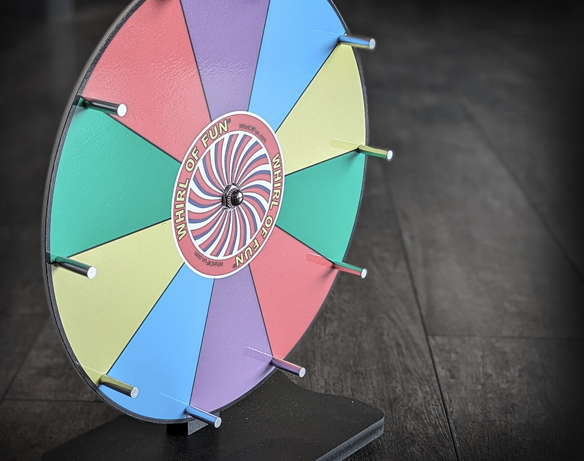 A colored prize wheel spinner
