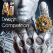 A white robot wearing a yellow gold ring with the text AI Design Competition