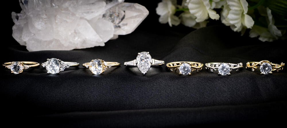 An overview showing several examples of trending engagement ring designs