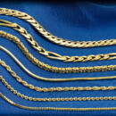 A group of yellow gold chains of different kinds of a blue background