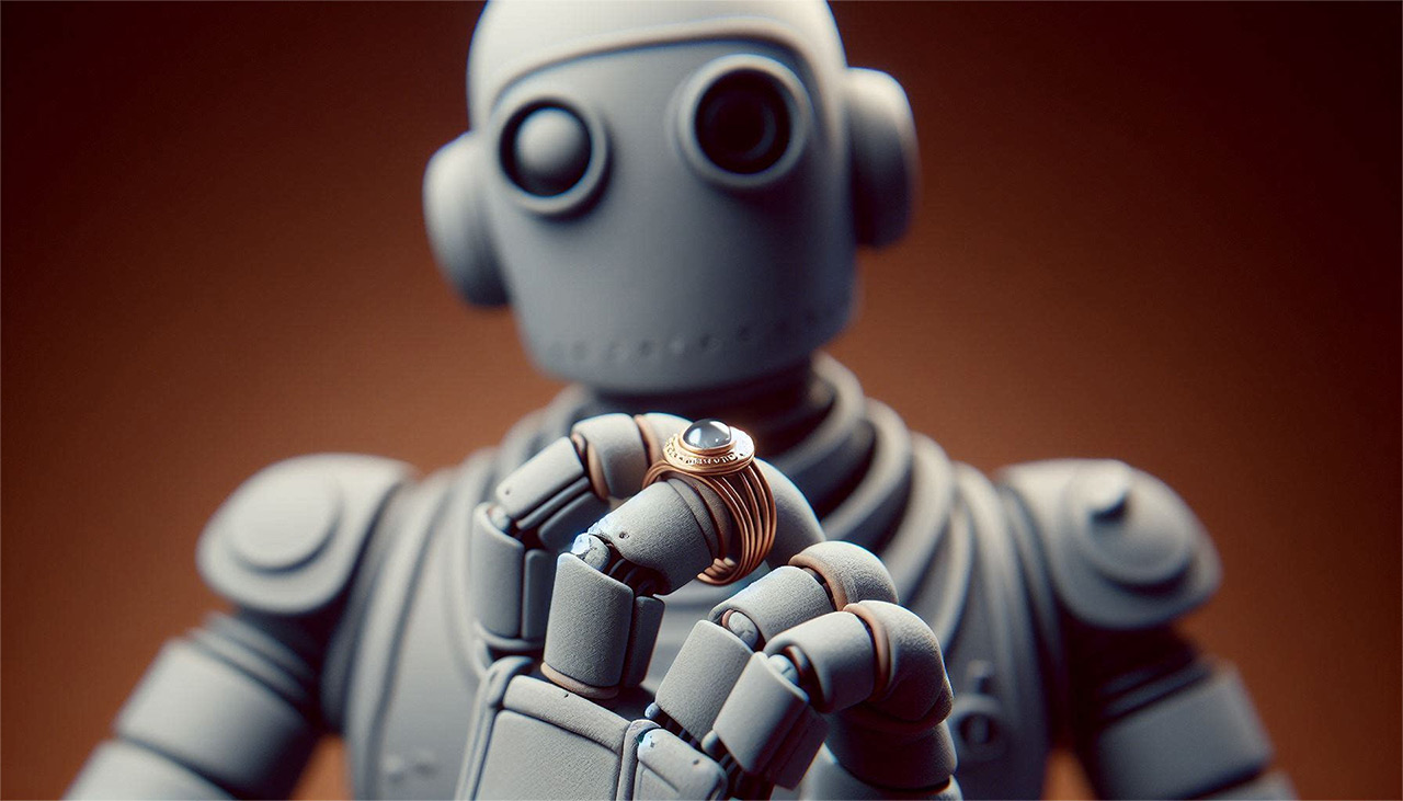 A gray robot with a yellow gold ring on its finger