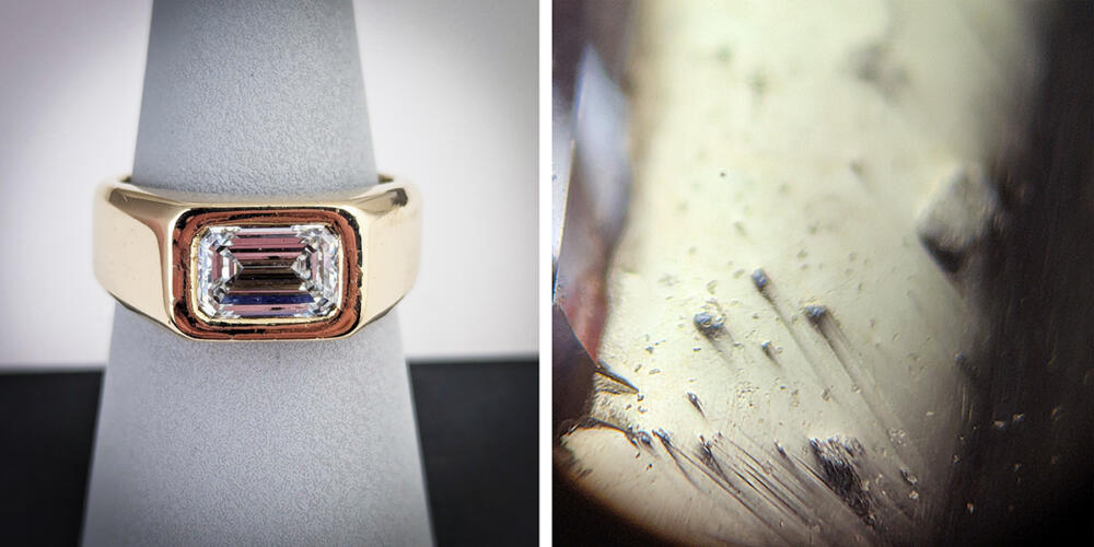 An overview and close up of the same custom yellow gold ring showing the hidden problems
