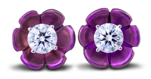 Lotus Flower Stud Earrings with Lab Diamonds in Magenta Titanium and 14k White Gold
