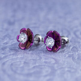 Magenta lotus blossom stud earrings with lab diamonds in 14k white gold angled view
