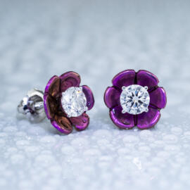 Magenta lotus blossom stud earrings with lab diamonds in 14k white gold with water droplets