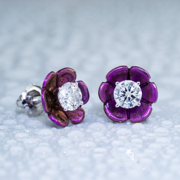 Magenta lotus blossom stud earrings with lab diamonds in 14k white gold with water droplets