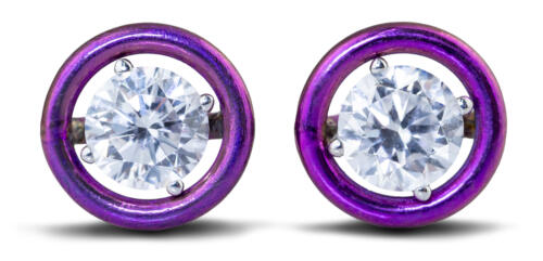 Circle Stud Earrings with Lab Diamonds in Magenta Titanium and 14k White Gold