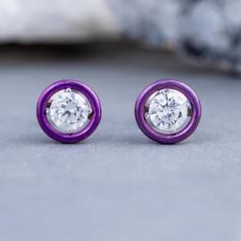 Magenta titanium circle stud earrings with lab diamonds in 14k white gold front view