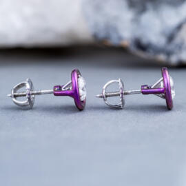 Magenta titanium circle stud earrings with lab diamonds in 14k white gold side view