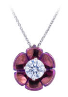 Lotus flower necklace with one carat lab diamond in magenta colored titanium and 14k white gold - front view