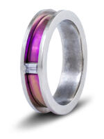 14k white gold band with channel set natural diamond accent and magenta titanium inlay in center