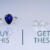 A sapphire ring next to a pair of diamond stud earrings with the text buy this get these