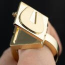 Hidden compartment letter U signet ring in 18k yellow gold partially open view