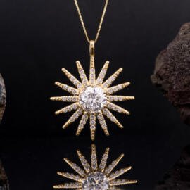 Large custom sun starburst pendant with lab diamonds in 18k yellow gold front view
