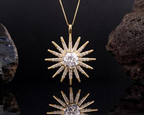 Large custom sun starburst pendant with lab diamonds in 18k yellow gold front view