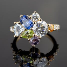 Custom abstract colored stone cluster ring front view