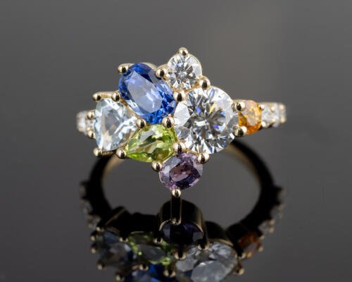 Custom abstract colored stone cluster ring front view