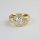 14 karat yellow gold custom diamond bezel ring with white backdrop front view